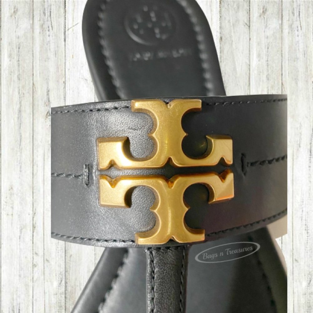 Tory Burch Sandals Size 7.5 Black Leather T-Strap Logo Medallion NIB - Picture 3 of 6
